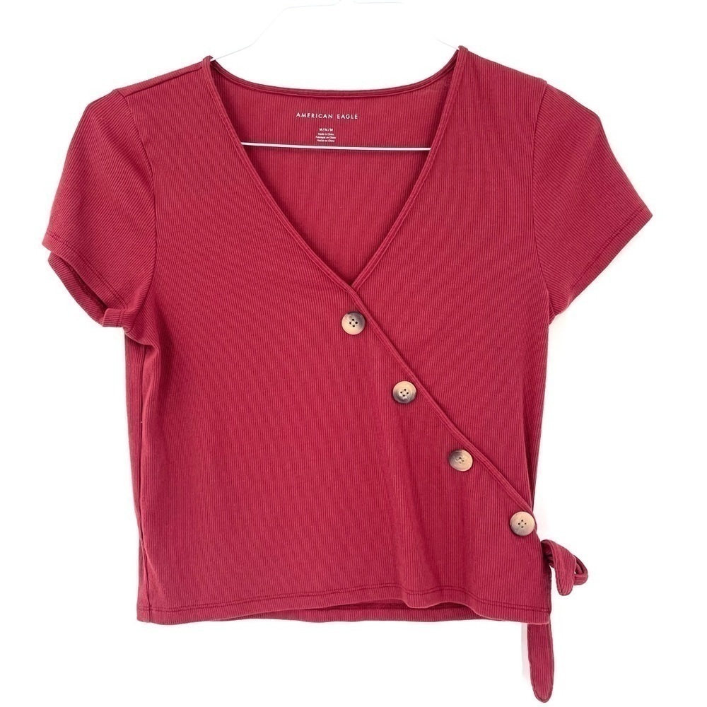 American Eagle AE Button Wrap Front Short Sleeve Ribbed Crop Top